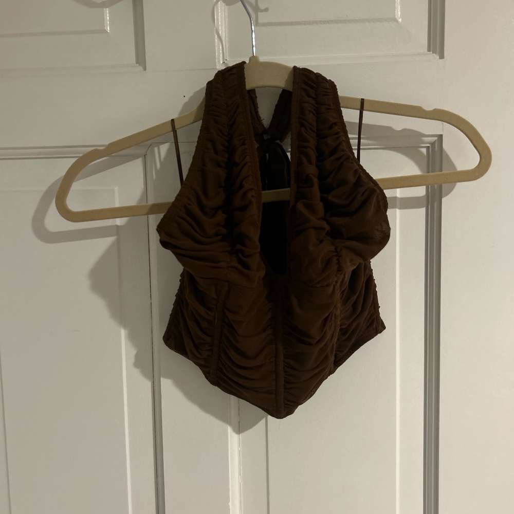 Edikted Brown Ruched Halter Crop Top